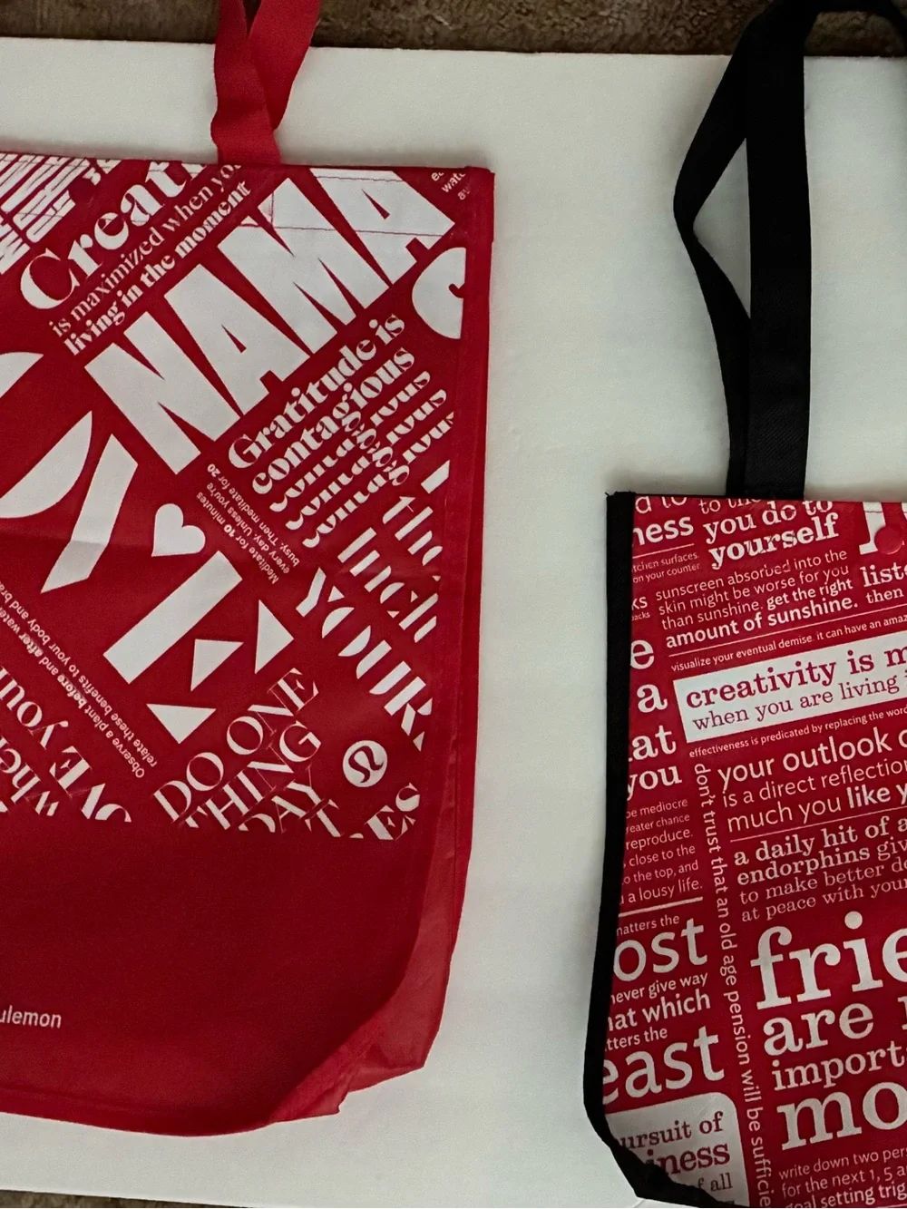 Lululemon Red Graphic Reusable Tote EUC Bag Pair LOT OF 2 (Big & Small Bags)
